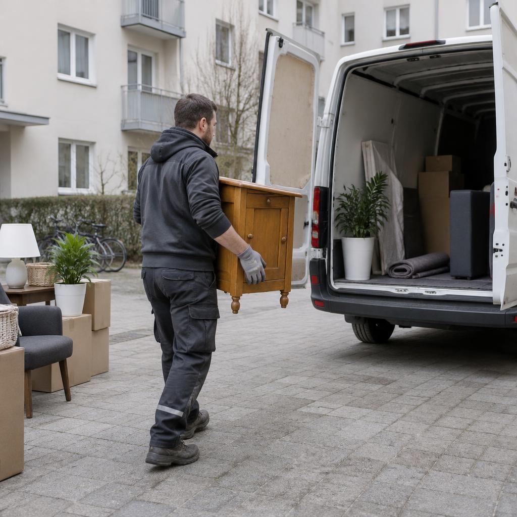 Helfer trägt einen Holzschrank zu einem geöffneten Transporter