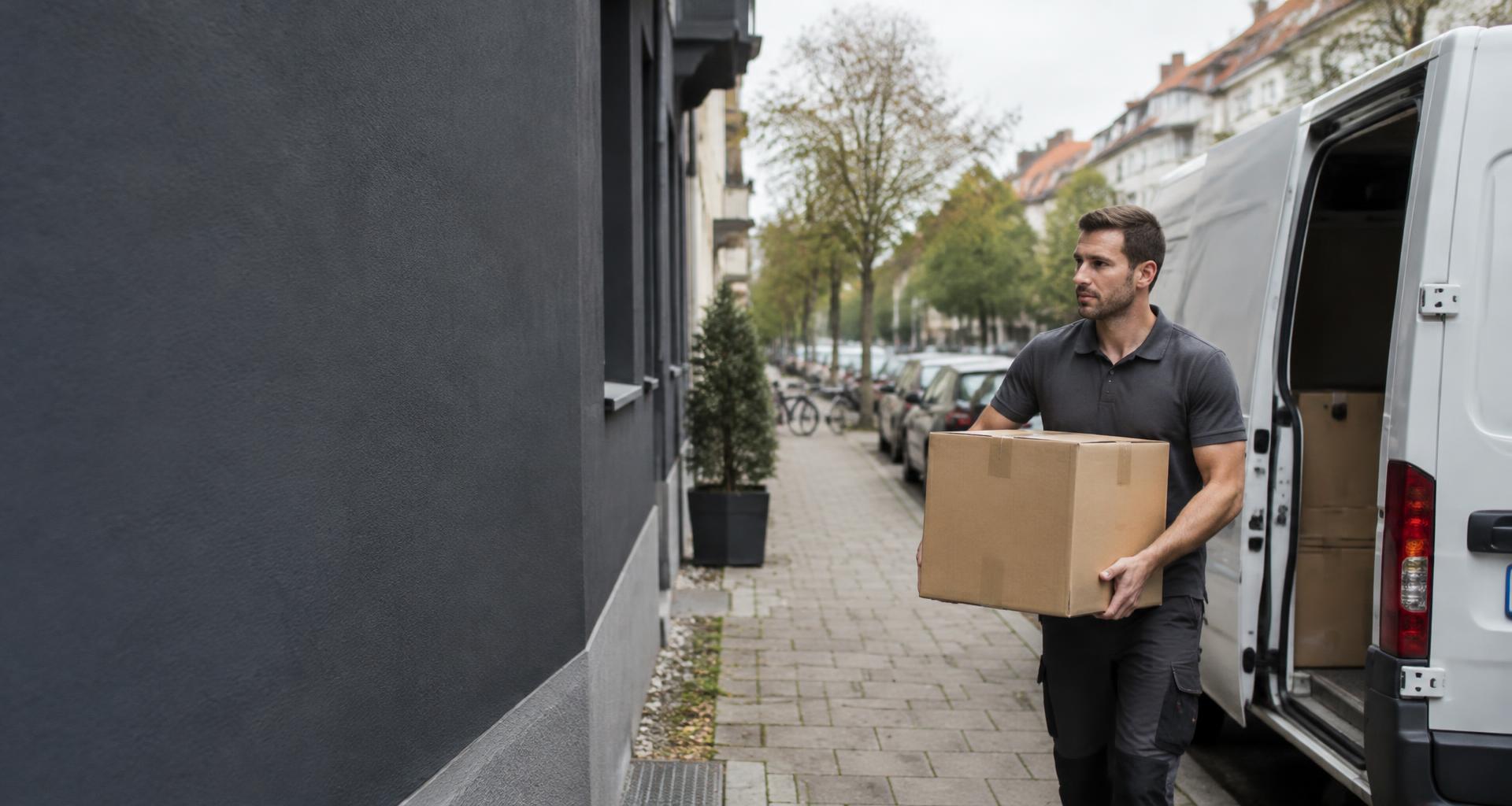 Umzugshelfer trägt einen Karton neben einem Transporter